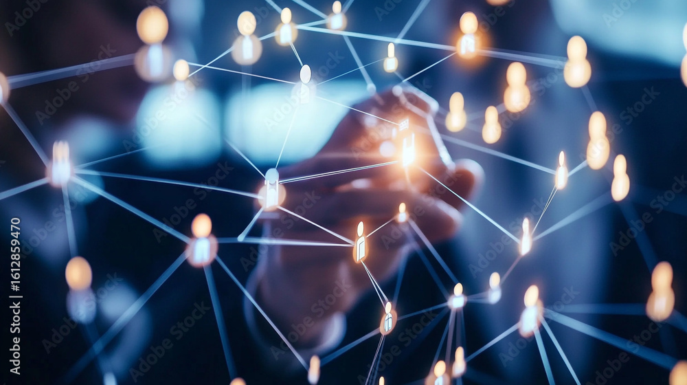 Poster Hands interacting with a network of interconnected glowing people icons representing global connections and communication