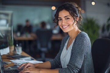 Portrait at camera smiling latin female marketing manager, professional it specialist working at laptop computer sitting at desk in modern office. Cheerful young woman employee using pc for business