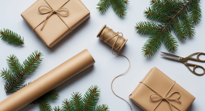 Wrapping presents with brown paper and twine for christmas holiday season gifts