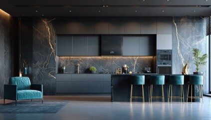 Sleek, modern kitchen with matte gray cabinetry, marble backsplash veined with gold, teal velvet seating, and natural light from a large window