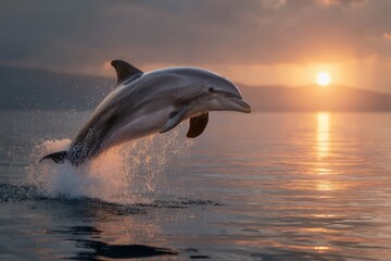 Playful dolphin leaps joyfully into the air against a stunning sunset backdrop over calm waters © Iftikhar alam
