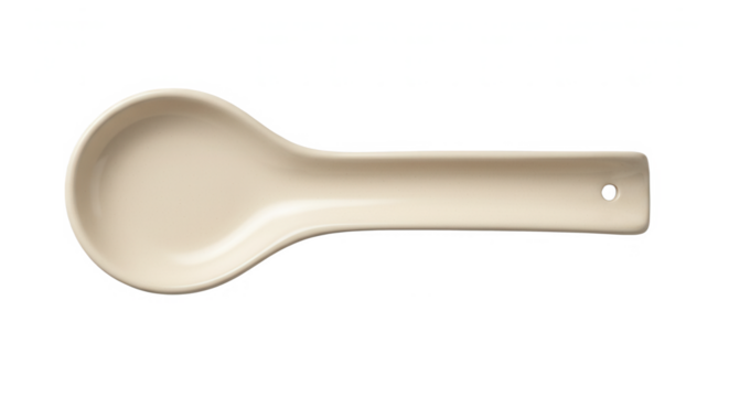 Simple beige ceramic spoon with elongated handle and hole  