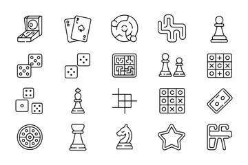Collection of Board Games and Recreational Activities Line Art Icons for Design and Illustration Projects
