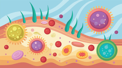 Colorful illustration of microorganisms and cell structures in a scientific setting