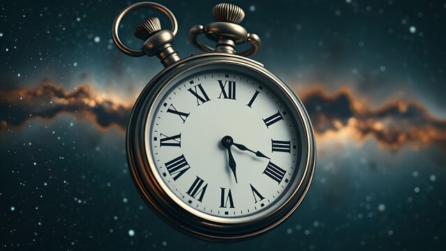 A vintage pocket watch with roman numerals in space