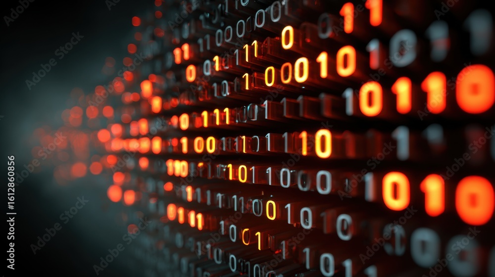 Poster glowing binary code streams flow across the background, symbolizing data transmission and digital co