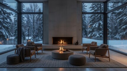 Modern Fireplace Lounge – Minimalist Concrete Hearth & Snowfall Glow (Cinematic Winter Interior Photography)