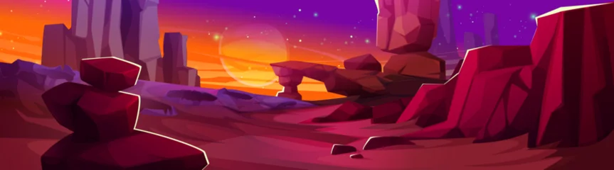  Alien planet landscape with vibrant red rocky terrain, stone formations, orange sunset sky with stars and moon, cliffs and stones in sci fi environment for space exploration game level design. © klyaksun