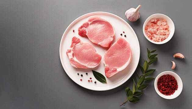 Uncooked raw pork chops with spices. Cooking culinary concept. Tasty meat, top view. Fresh ingredient