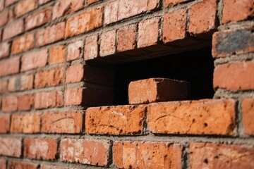 Fototapeta premium Close-up of a Brick Wall with a Small Opening Filled by a Single Brick