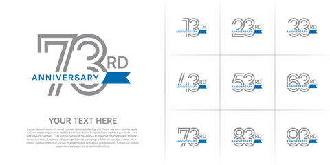 Anniversary logo type set with double line number. grey color with small blue ribbon for celebration event