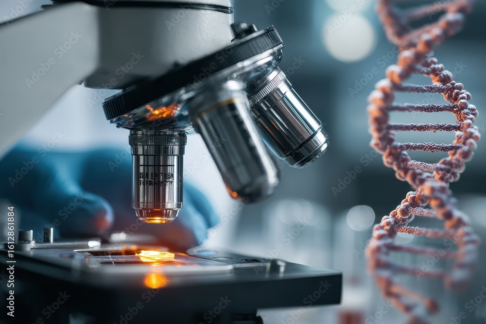 Poster scientist analyzing samples using a high-tech microscope in a modern laboratory focused on genetics 