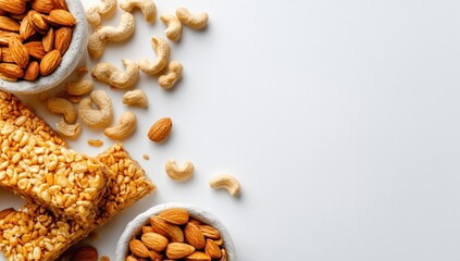 Nutty granola bars and assorted nuts on a white surface.