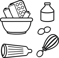 Simple Line Art Baking Ingredients: Bowl, Whisk, Bottle, Pills, Eggs, Pastry Bag