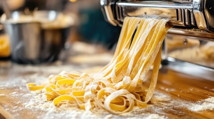 Fresh pasta strands emerge from a machine