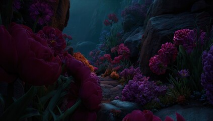A vibrant, whimsical landscape with oversized, colorful flowers in shades of pink, purple, and orange growing amongst dark, rocky formations under a dim, bluish light