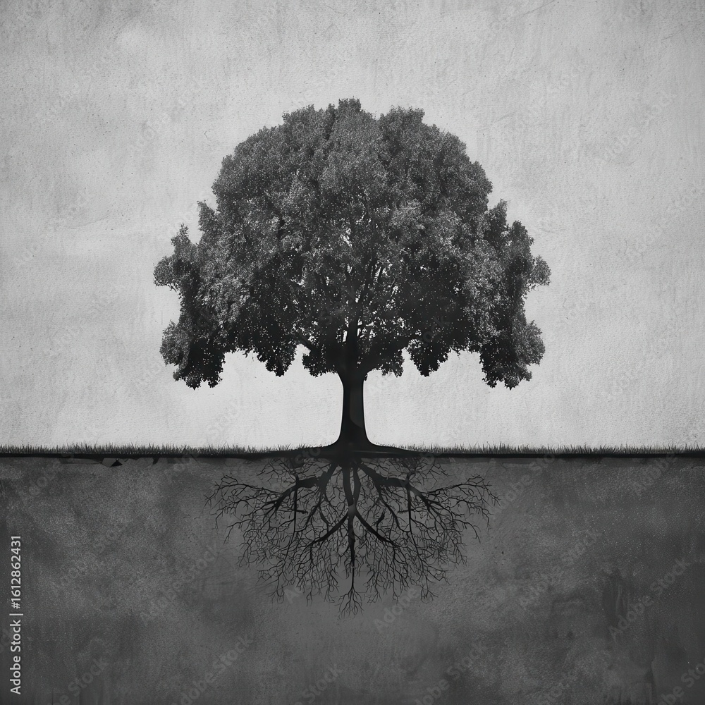 Poster a grayscale image of a tree and its roots.