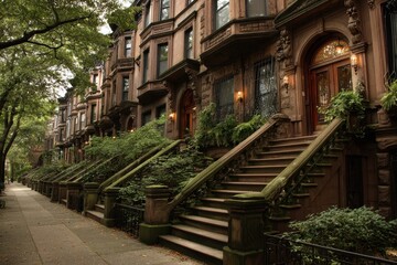Fototapeta premium Brownstone Houses in Harlem: Exterior Steps with Nobody Present