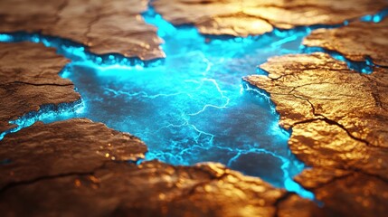 Glowing blue liquid in cracked gold surface