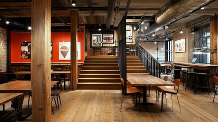 Cozy interior with wooden beams, stairs, tables, art, and exposed brick. Offers a warm, inviting atmosphere