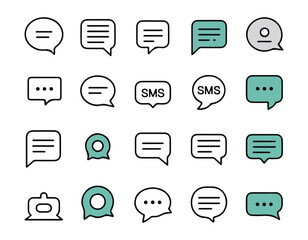Collection of communication speech bubble icons for chat message signs and sms vector designs presenting various talk shapes