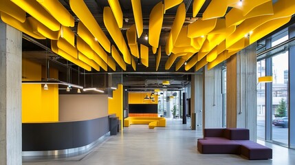Modern office interior with yellow geometric ceiling design and sleek furniture. Bright space with natural light
