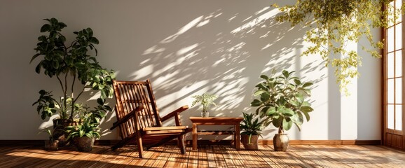 Obraz premium Wooden armchair and plants in a sunlit room.