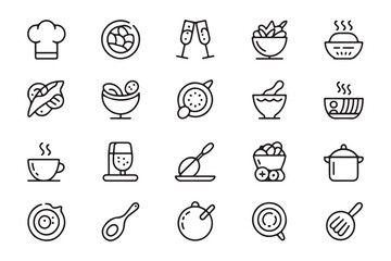 Fototapeta premium Collection of culinary line icons showcasing cooking food and dining experiences in minimalist design elements