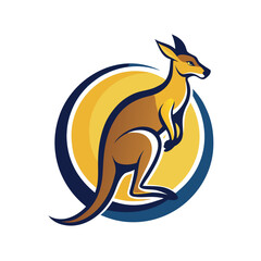 Naklejka premium Stylized kangaroo logo with circular design featuring yellow and blue colors representing energy and agility