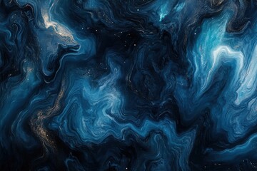 A blue and black swirl with glitter particles. Blue black abstract gradient background grain texture effect dark vibrant color flow wave.
