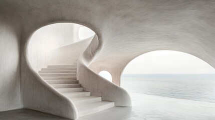 Obraz premium Serene, minimalist spiral staircase with oceanic backdrop, evoking calmness and architectural elegance