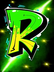 graffiti r, illustration of r alphabet with cool simple graffiti pattern, with bright colors and galaxy background not ai generate