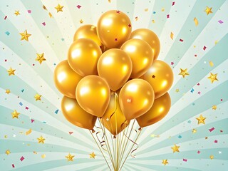 Golden balloons floating with confetti and starburst background