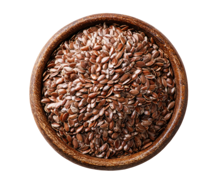 Small, wooden bowl filled with whole flax seeds