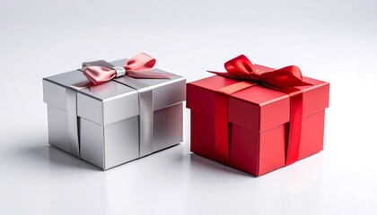 Fototapeta premium Two gift boxes, silver and red, with ribbons