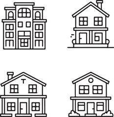 Urban and Residential Architecture Icons — Line Style Set of Apartment Block, Duplex House, Townhome, and Gated Community