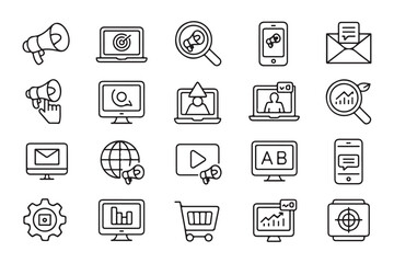 Collection of Digital Marketing Outline Icons representing Modern Business Strategies and Online Promotion Techniques for Success