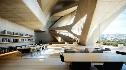 Modern library with unique concrete architecture, sunlit interior, tables, chairs, and city views
