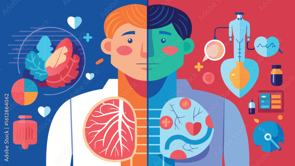 Poster representation of human body systems showing heart, brain, and circulatory functions in a colorful s