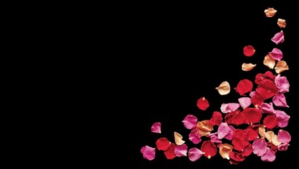 Scattered rose petals in hues of red, pink, and gold form a sparse corner arrangement against a stark black background. Delicate and romantic