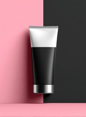 Cosmetics tube, black and white, vertically on a pink/black background. The tube is white on top and black on the bottom with a silver cap and band