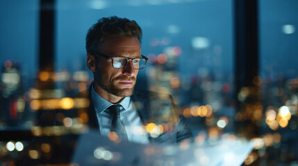 A focused businessman in glasses reads a document in an office at night with city lights