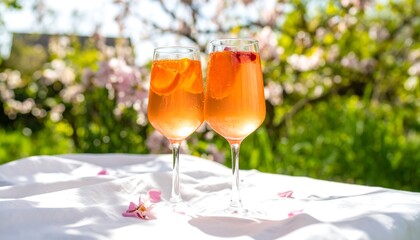 Two glasses of vibrant ros? cocktails in a garden setting