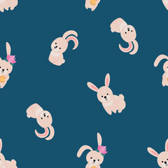 Mid-autumn festival. Seamless Pattern of Cute Bunnies with Flowers. 