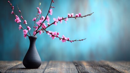 Pink blooms in a black vase. Branches extend upward against a textured teal backdrop, all resting on a dark, aged wooden surface. Soft lighting creates a serene, calm atmosphere