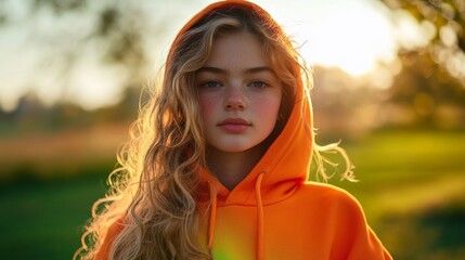 A serene portrait captured in nature. The young person wears an eye-catching orange hoodie. Sunlight gently highlights their features. Generative AI