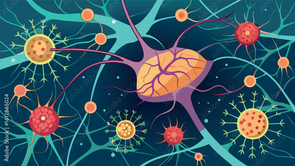 Poster neurons and synapses interact in a vibrant illustration showcasing the complexity of the nervous sys