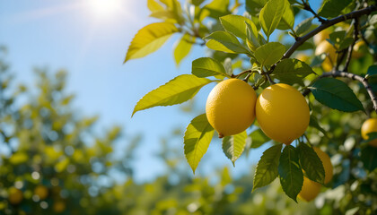 lemon tree branch with ripe lemons and green leaves in summer sunlight