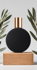 Round, matte black bottle with gold cap sits on a light wooden block, framed by olive branches against a pale background. Minimalist, clean aesthetic