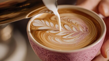 Close-up of barista’s hands as they pour a latte, focusing on the swirling milk forming a pattern on the coffee’s surface.